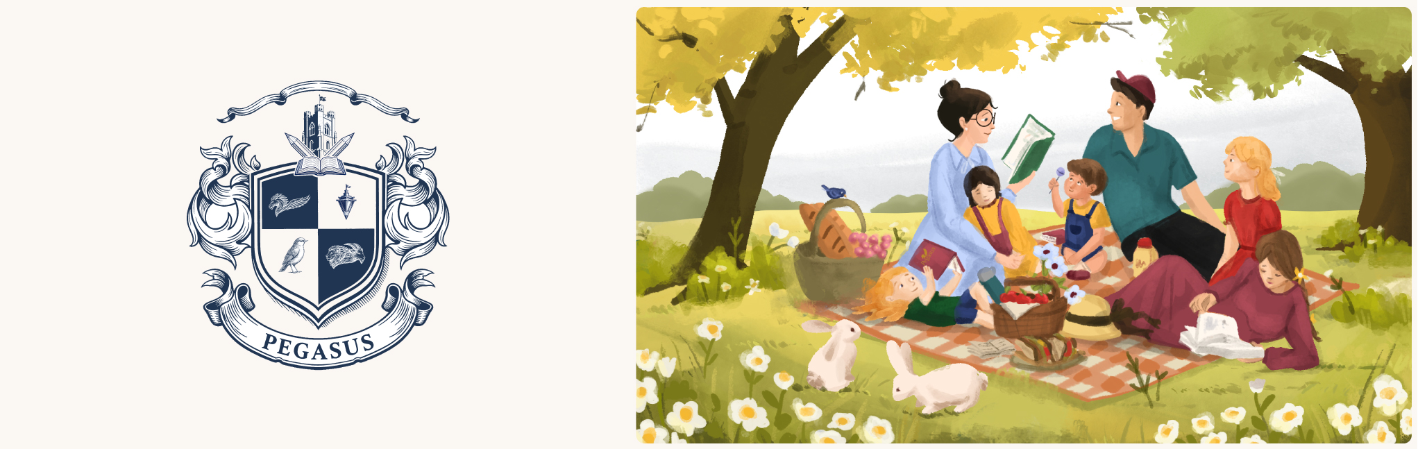 Illustration of family reading books in a garden