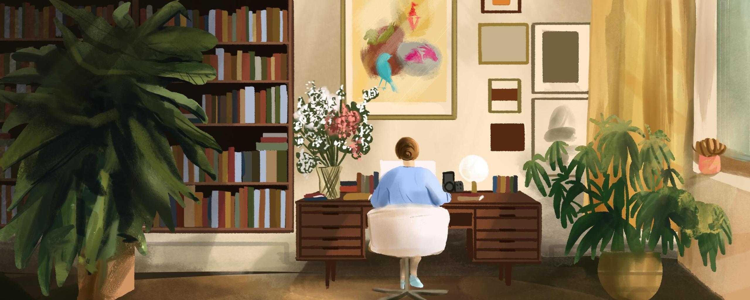 Illustration of an author working on computer desk