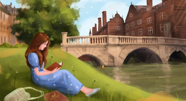 Illustration of a woman reading beside the River Cam in Cambridge