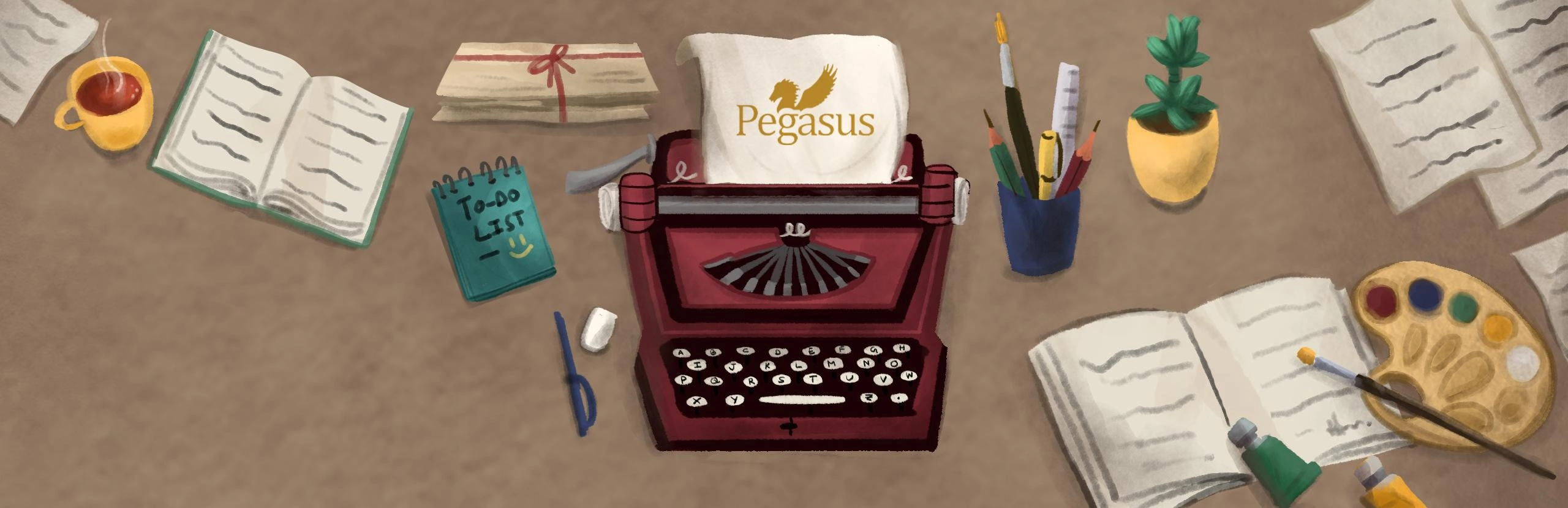 Illustration of a typewriter and writing desk for manuscript submissions